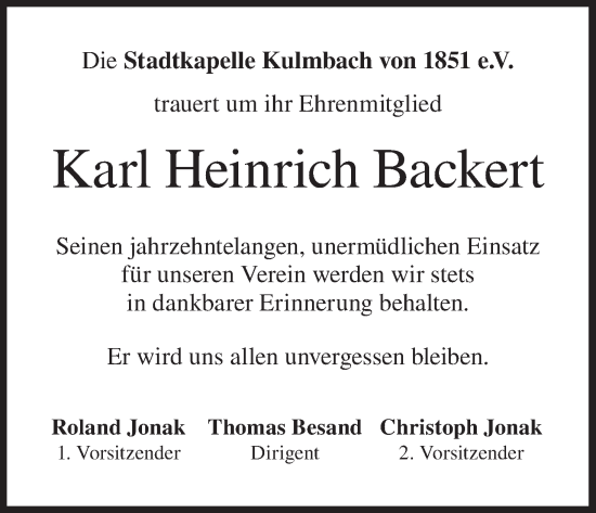 Anzeige von Karl Heinrich Backert von MGO