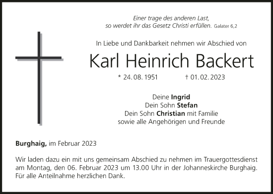 Anzeige von Karl Heinrich Backert von MGO