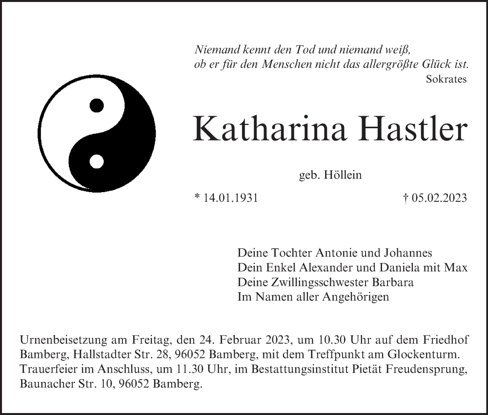  Traueranzeige für Katharina Hastler vom 18.02.2023 aus MGO