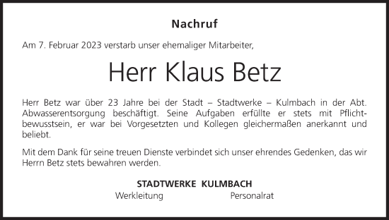 Anzeige von Klaus Betz von MGO