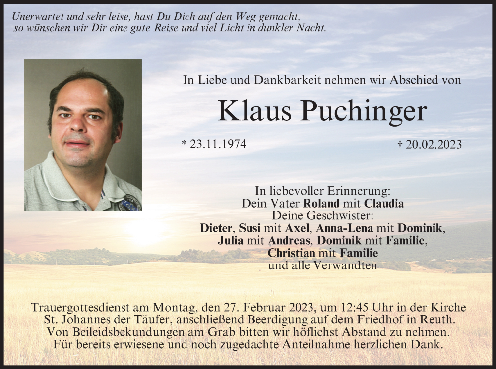  Traueranzeige für Klaus Puchinger vom 25.02.2023 aus MGO
