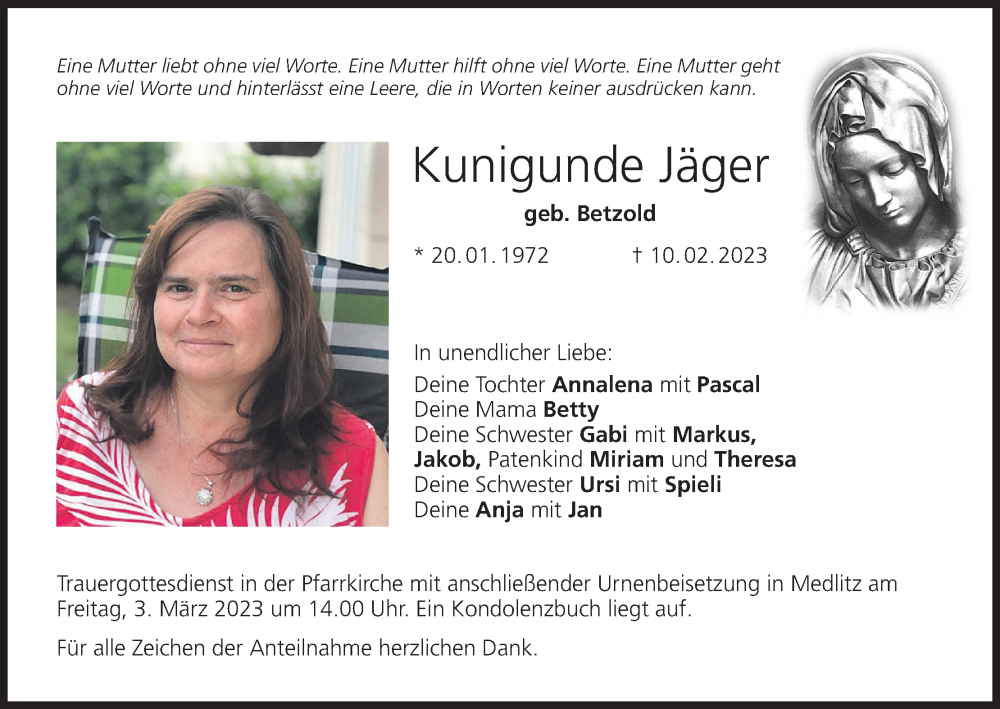  Traueranzeige für Kunigunde Jäger vom 25.02.2023 aus MGO