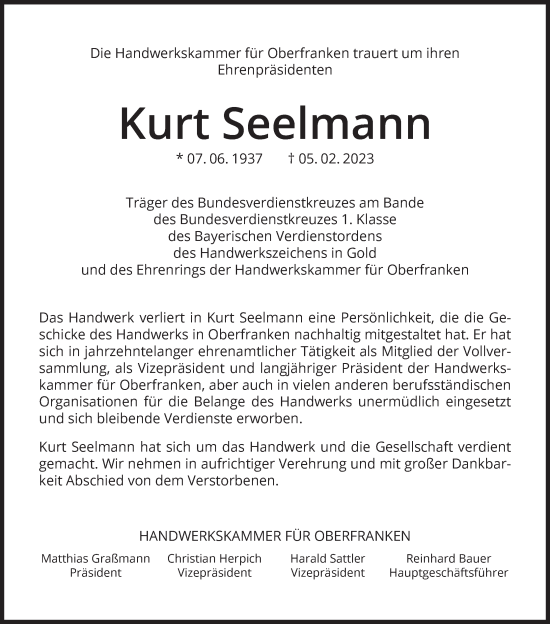 Anzeige von Kurt Seelmann von MGO