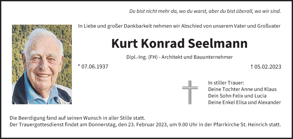  Traueranzeige für Kurt Konrad Seelmann vom 18.02.2023 aus MGO