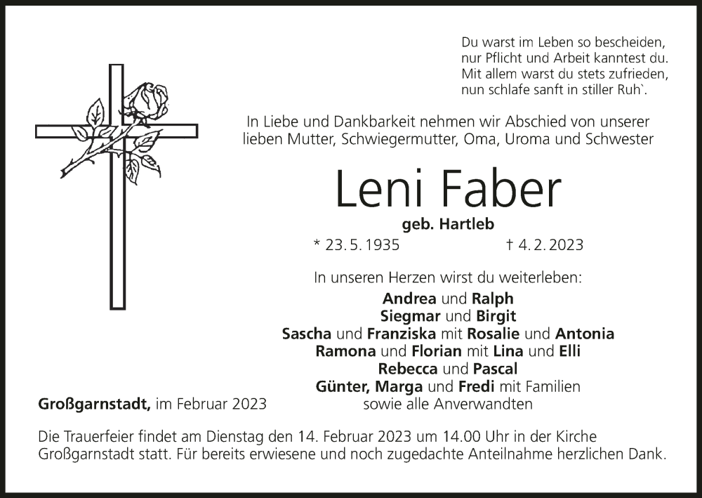  Traueranzeige für Leni Faber vom 11.02.2023 aus MGO