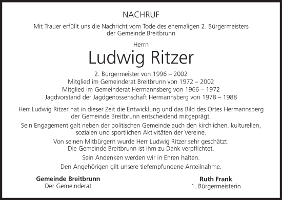 Anzeige von Ludwig Ritzer von MGO