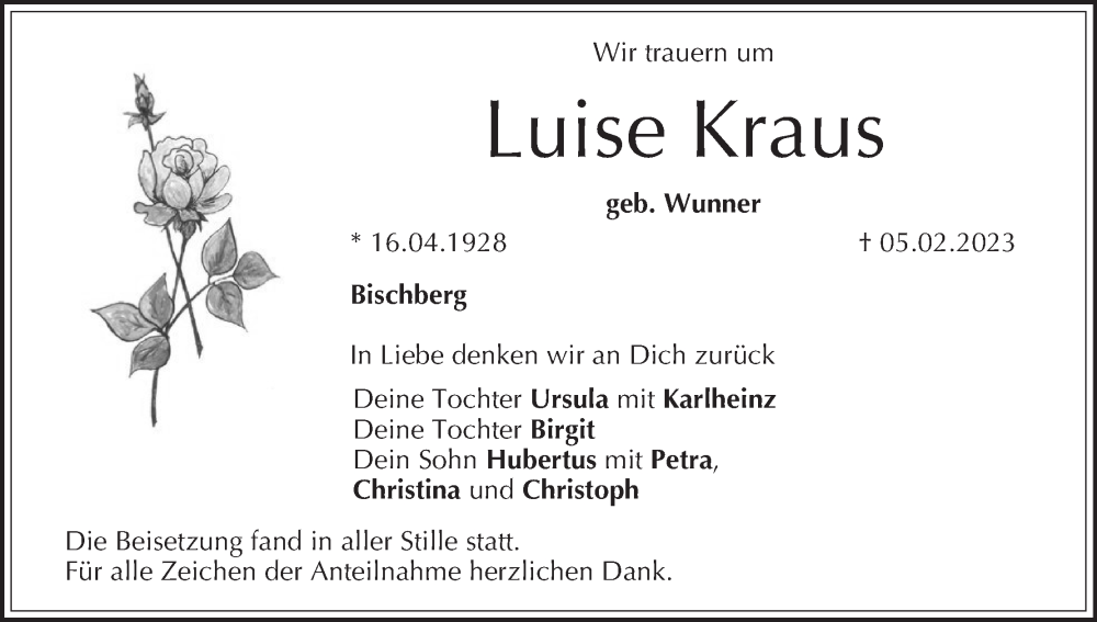  Traueranzeige für Luise Kraus vom 11.02.2023 aus MGO