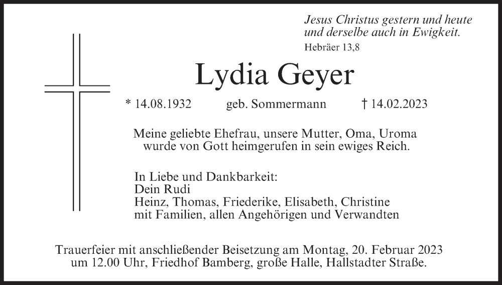  Traueranzeige für Lydia Geyer vom 18.02.2023 aus MGO