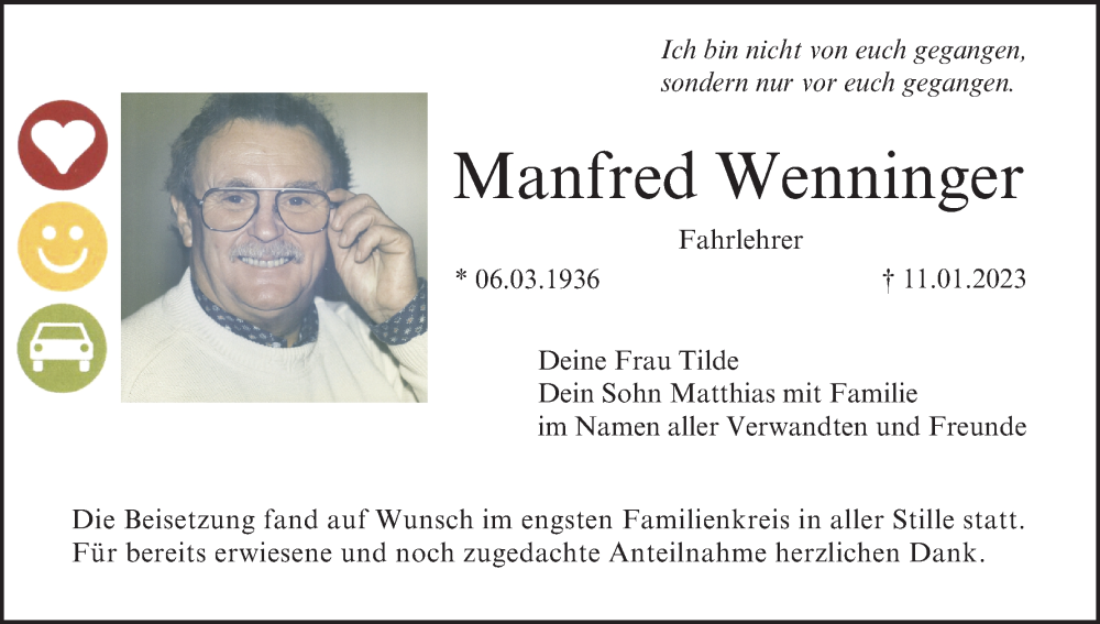  Traueranzeige für Manfred Wenninger vom 11.02.2023 aus MGO