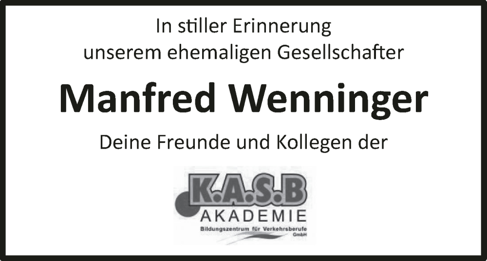  Traueranzeige für Manfred Wenninger vom 18.02.2023 aus MGO
