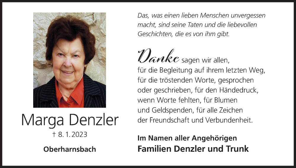  Traueranzeige für Marga Denzler vom 04.02.2023 aus MGO
