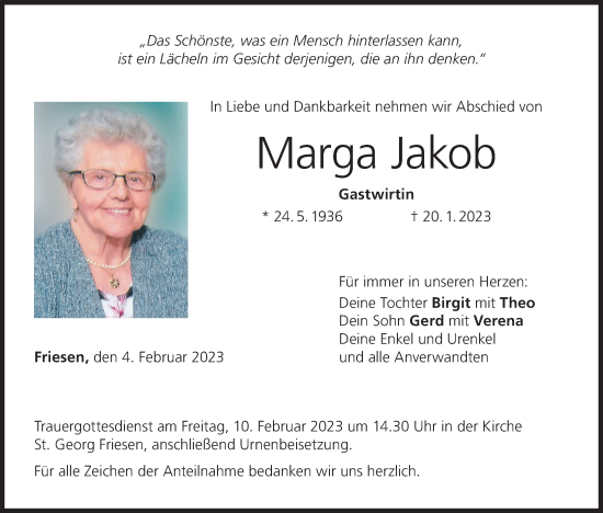 Anzeige von Marga Jakob von MGO