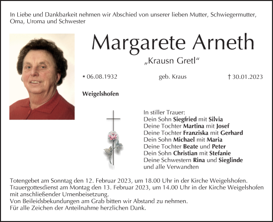 Anzeige von Margarete Arneth von MGO