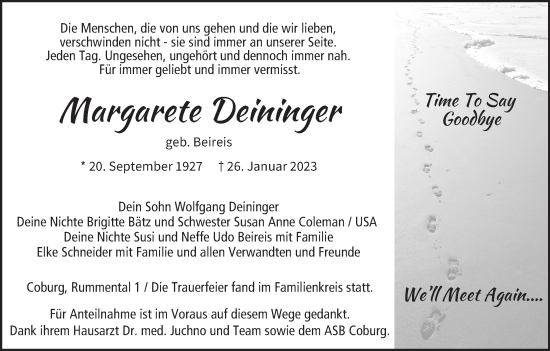 Anzeige von Margarete Deininger von MGO