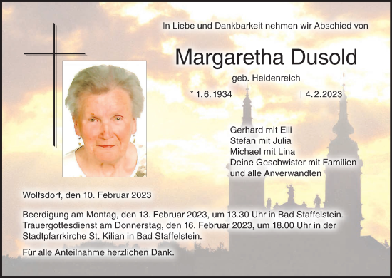 Anzeige von Margaretha Dusold von MGO