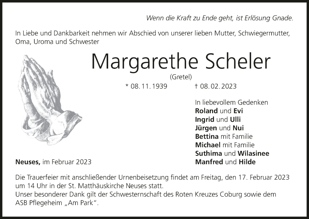  Traueranzeige für Margarethe Scheler vom 11.02.2023 aus MGO