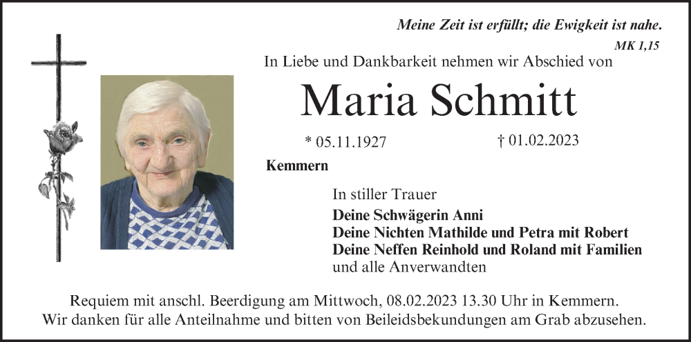  Traueranzeige für Maria Schmitt vom 04.02.2023 aus MGO