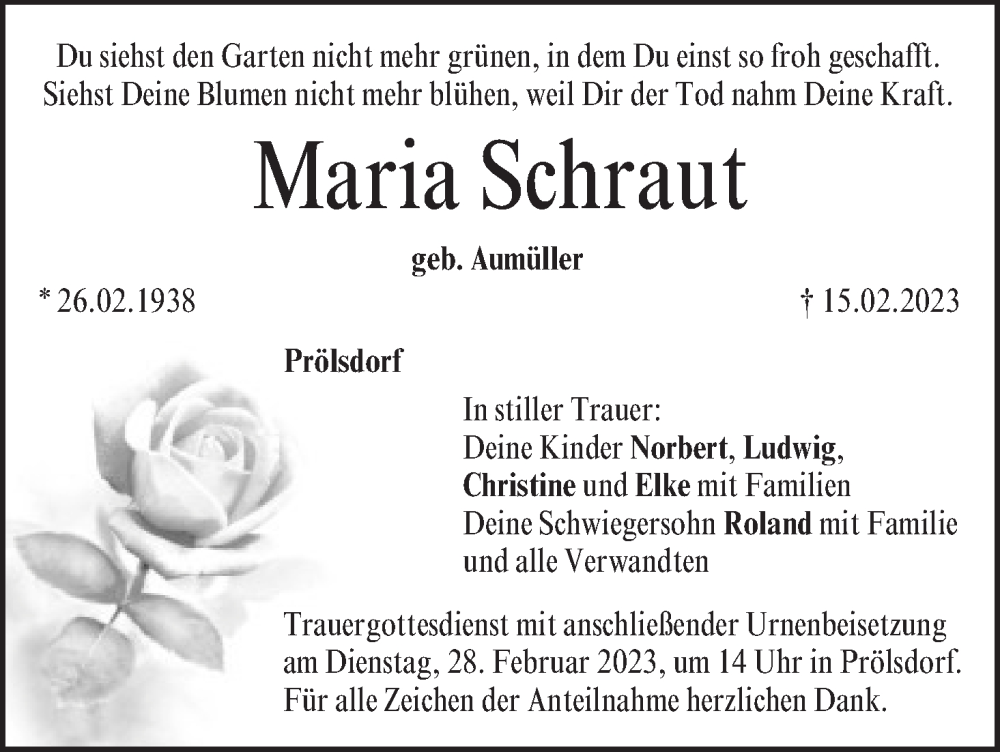  Traueranzeige für Maria Schraut vom 25.02.2023 aus MGO