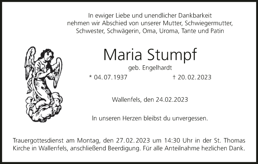  Traueranzeige für Maria Stumpf vom 24.02.2023 aus MGO