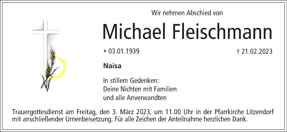  Traueranzeige für Michael Fleischmann vom 25.02.2023 aus MGO