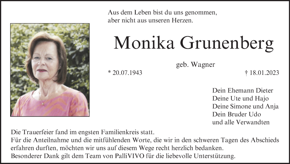  Traueranzeige für Monika Grunenberg vom 04.02.2023 aus MGO