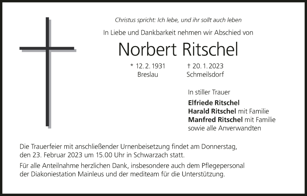  Traueranzeige für Norbert Ritschel vom 18.02.2023 aus MGO