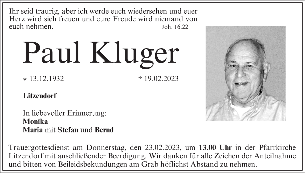  Traueranzeige für Paul Kluger vom 22.02.2023 aus MGO