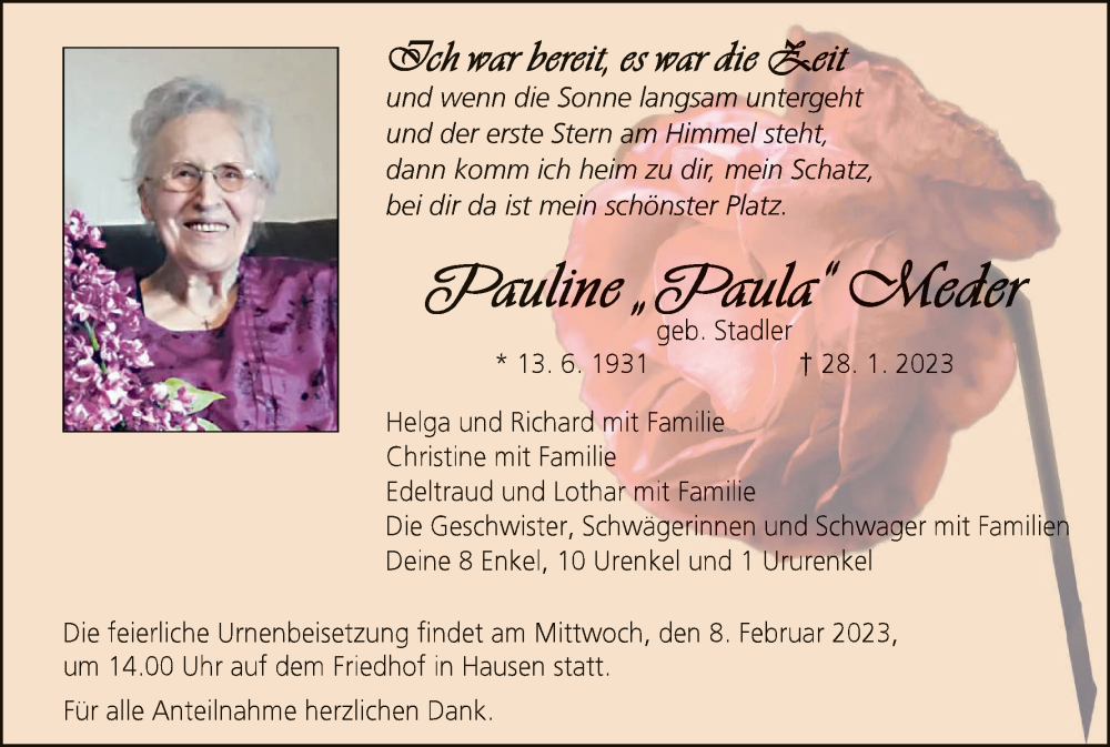  Traueranzeige für Pauline Meder vom 04.02.2023 aus MGO