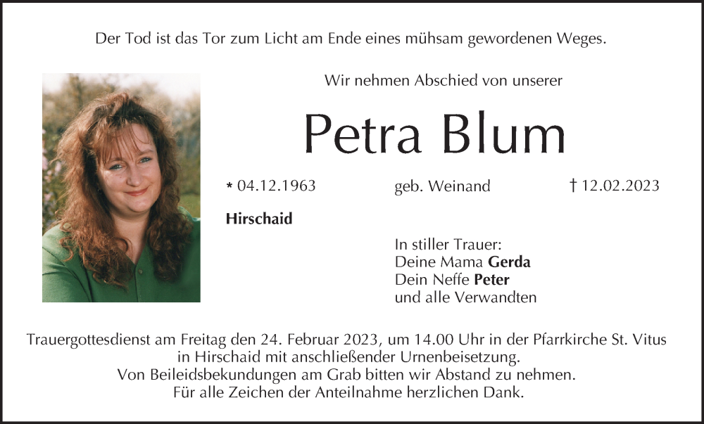  Traueranzeige für Petra Blum vom 18.02.2023 aus MGO