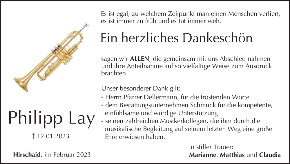  Traueranzeige für Philipp Lay vom 04.02.2023 aus MGO