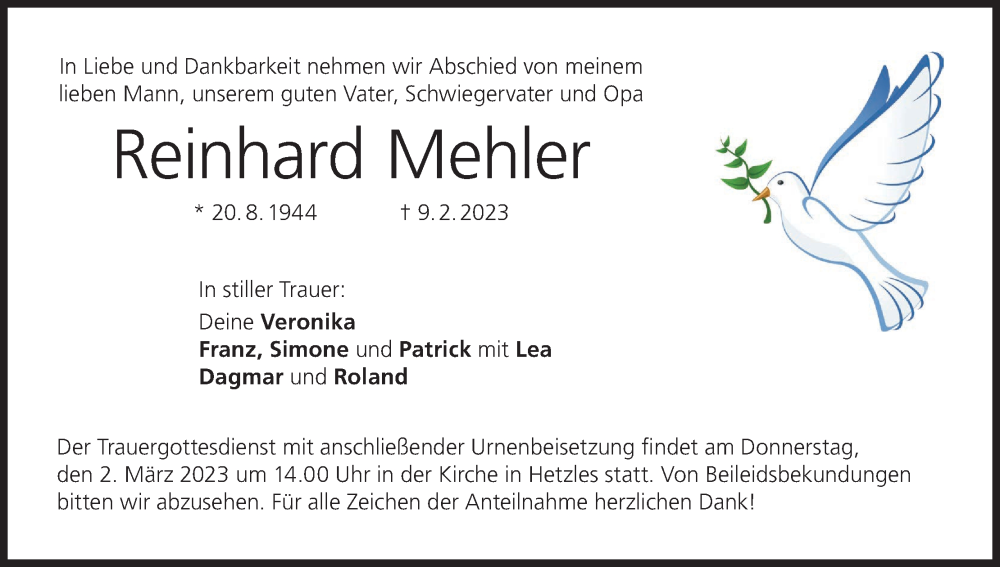  Traueranzeige für Reinhard Mehler vom 27.02.2023 aus MGO