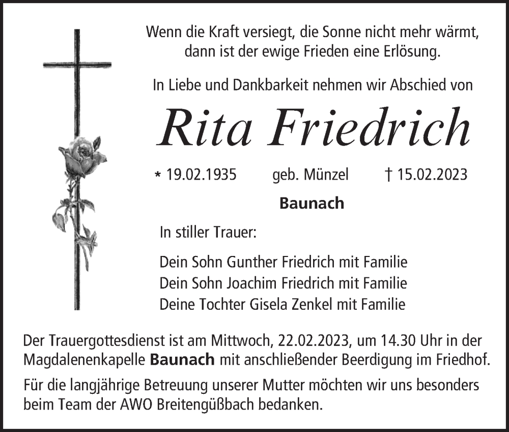  Traueranzeige für Rita Friedrich vom 18.02.2023 aus MGO