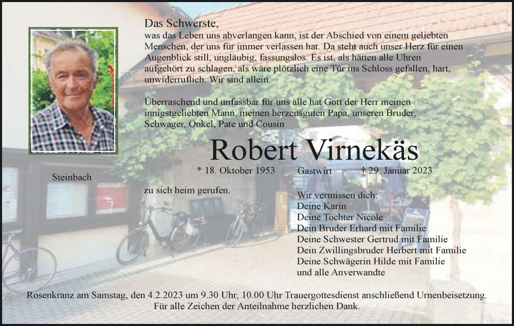  Traueranzeige für Robert Virnekäs vom 01.02.2023 aus MGO