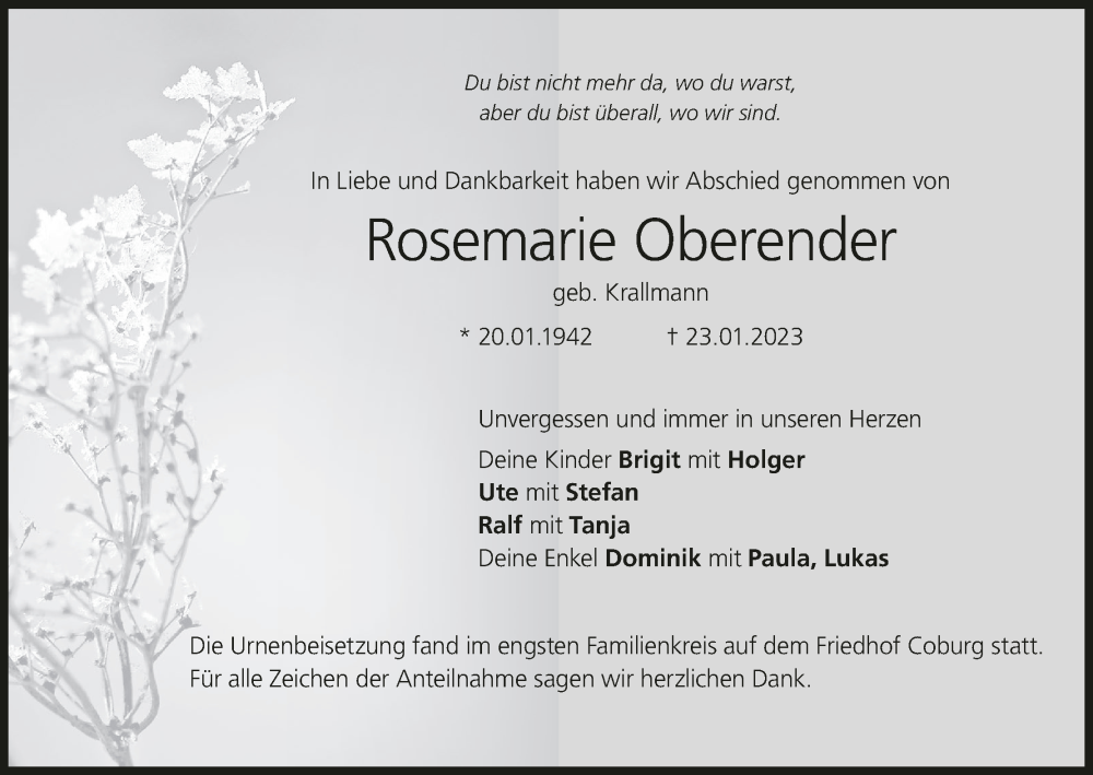  Traueranzeige für Rosemarie Oberender vom 04.02.2023 aus MGO