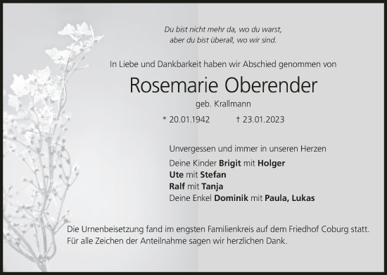 Anzeige von Rosemarie Oberender von MGO