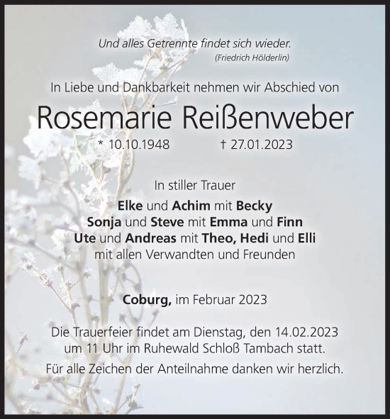 Anzeige von Rosemarie Reißenweber von MGO