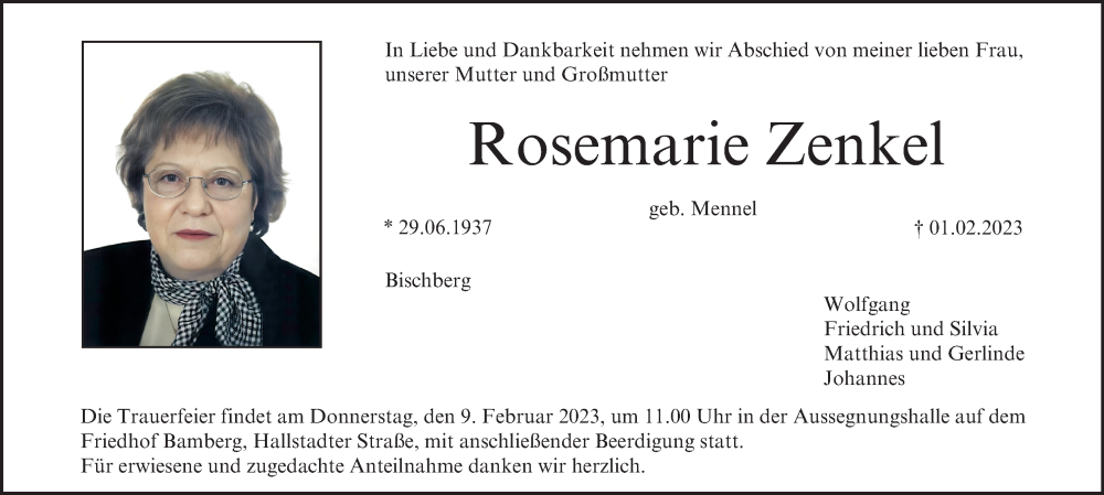  Traueranzeige für Rosemarie Zenkel vom 04.02.2023 aus MGO