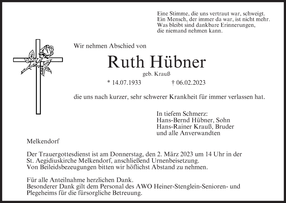  Traueranzeige für Ruth Hübner vom 27.02.2023 aus MGO
