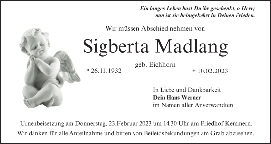Anzeige von Sigberta Madlang von MGO