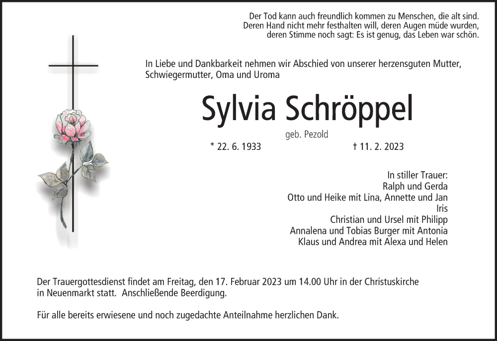  Traueranzeige für Sylvia Schröppel vom 14.02.2023 aus MGO