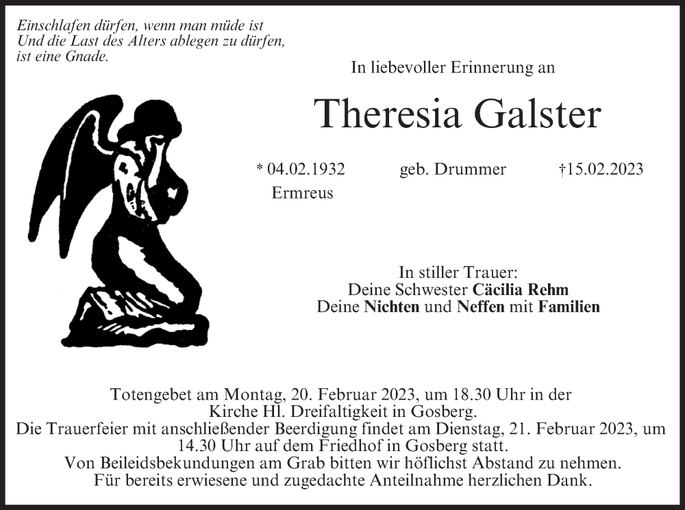 Traueranzeige für Theresia Galster vom 18.02.2023 aus MGO
