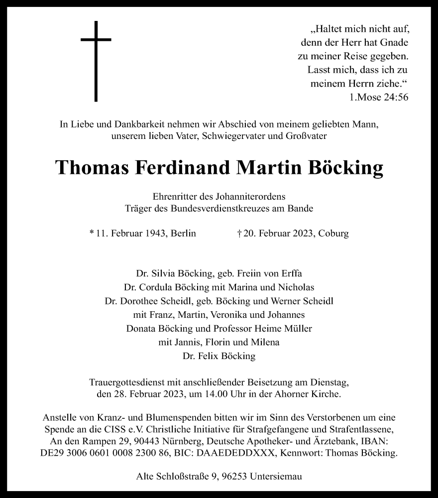  Traueranzeige für Thomas Ferdinand Martin Böcking vom 25.02.2023 aus MGO