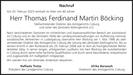 Anzeige von Thomas Ferdinand Martin Böcking von MGO