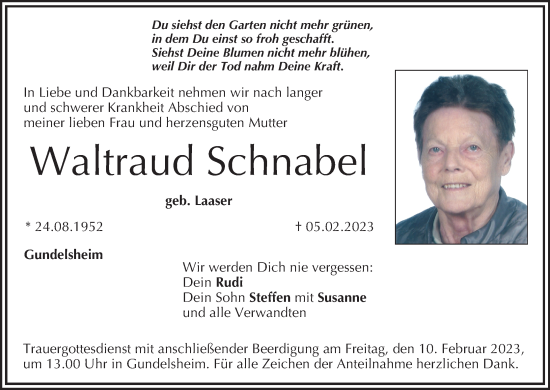 Anzeige von Waltraud Schnabel von MGO