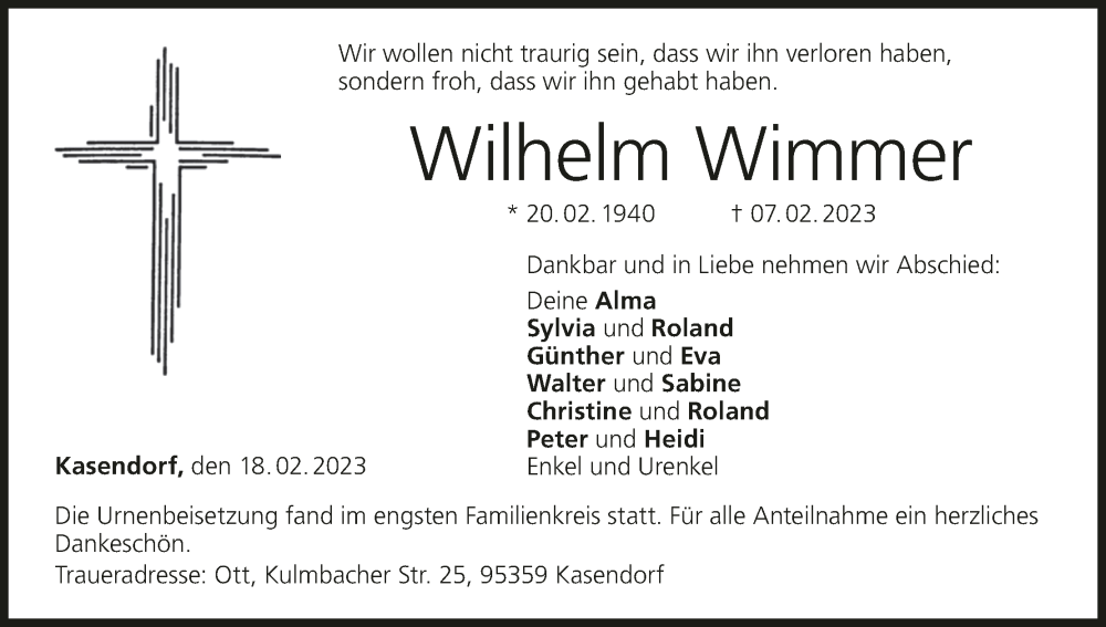  Traueranzeige für Wilhelm Wimmer vom 18.02.2023 aus MGO