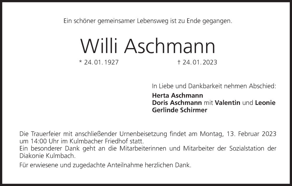  Traueranzeige für Willi Aschmann vom 09.02.2023 aus MGO