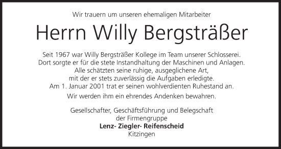 Anzeige von Willy Bergsträßer von MGO