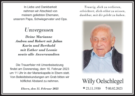 Anzeige von Willy Oelschlegel von MGO