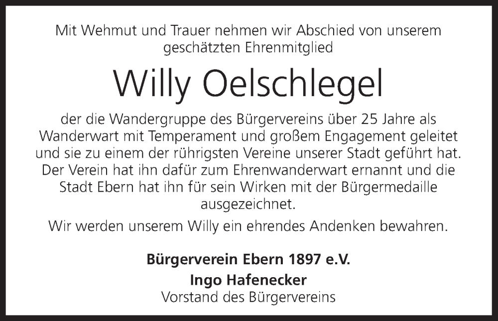  Traueranzeige für Willy Oelschlegel vom 16.02.2023 aus MGO