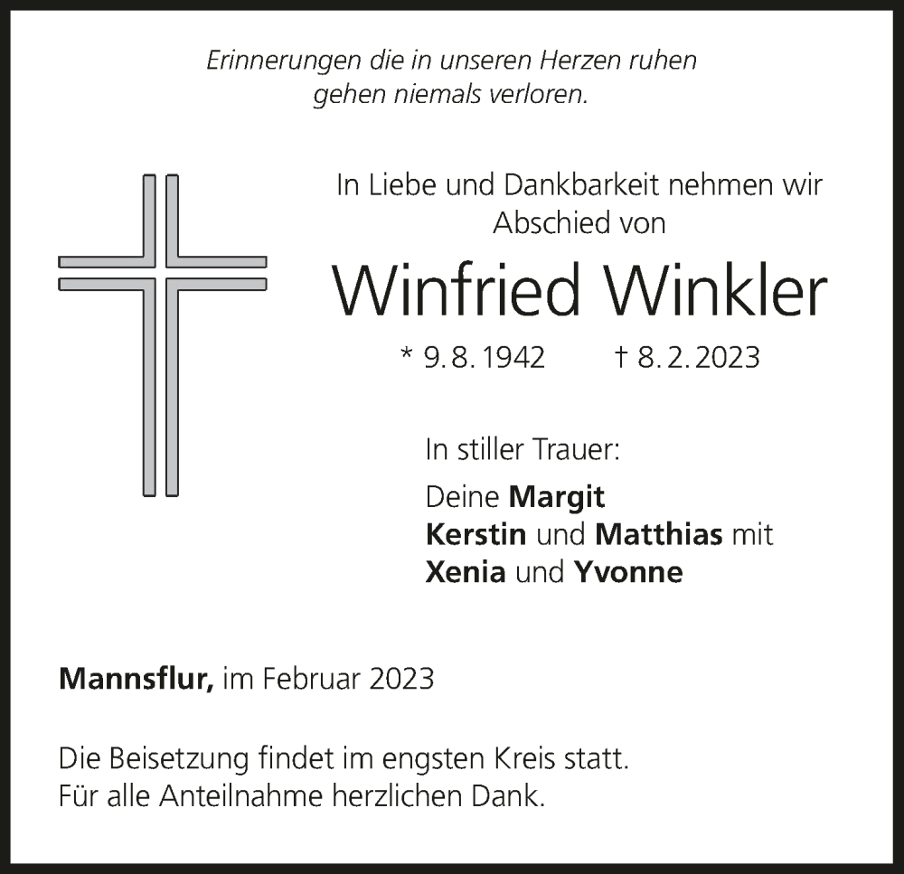  Traueranzeige für Winfried Winkler vom 11.02.2023 aus MGO